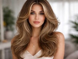 Young woman with a butterfly haircut, wearing a cream top and gold necklace, in a cozy living room.