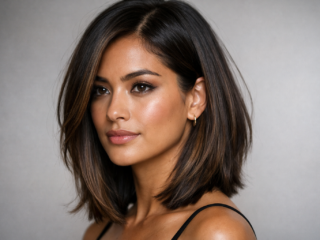 Side-parted shoulder-length layered bob with caramel highlights
