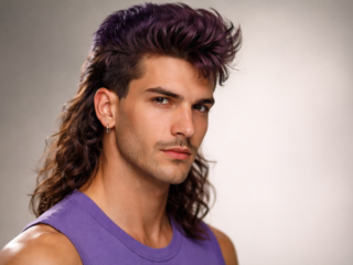 Hyper-realistic close-up portrait of a male model with a voluminous 80s mullet hairstyle and purple-toned textured top under soft studio lighting