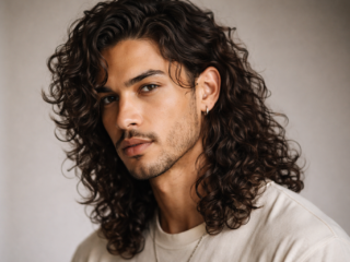 Long curly wolf cut hairstyle for men with layered volume, front 3/4 salon portrait