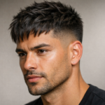 Textured crop haircut for men with low fade, messy layered top, and natural volume