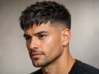 Textured crop haircut for men with low fade, messy layered top, and natural volume