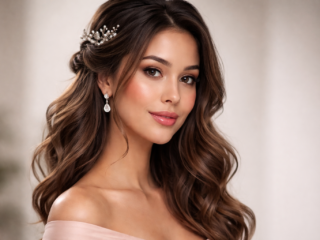 Medium hair bridesmaid half-up half-down waves with pearl hair accessory