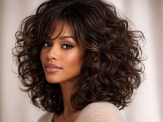 Cozy curly winter hairstyle 2026 with shoulder-length voluminous curls,