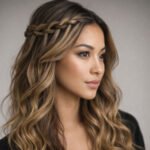 Close-up easy waterfall braid hairstyle with loose wavy hair