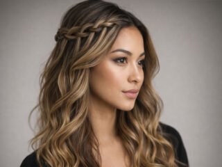 Close-up easy waterfall braid hairstyle with loose wavy hair