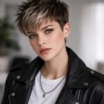 Androgynous person with a textured pixie haircut, black leather jacket, and silver accessories.