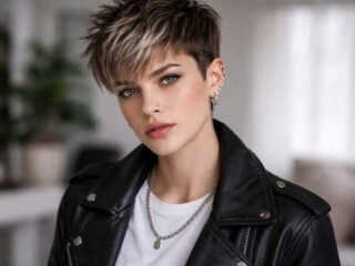 Androgynous person with a textured pixie haircut, black leather jacket, and silver accessories.
