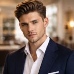 Handsome man with a quiff hairstyle, wearing a navy suit and white shirt, against a softly lit background.