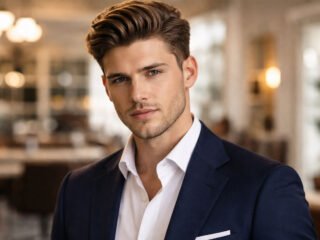 Handsome man with a quiff hairstyle, wearing a navy suit and white shirt, against a softly lit background.