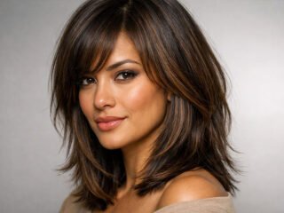 Hyper-realistic portrait of a model with a mid-length layered haircut in soft studio lighting