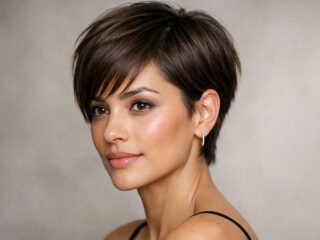 Hyper-realistic close-up of a woman with a layered pixie haircut for fine hair, salon studio lighting.