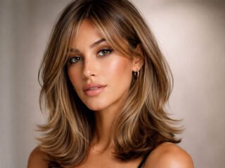 Shoulder-length layered hairstyle for thin hair with curtain bangs and soft waves