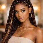 Beautiful woman with long braided hair, adorned with gold accessories and jewelry, wearing a beige strapless top.