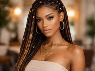 Beautiful woman with long braided hair, adorned with gold accessories and jewelry, wearing a beige strapless top.