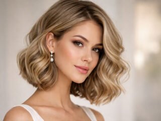 Wavy bob wedding hairstyle with soft blonde waves and side part