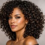 Curly hair routine results with healthy, defined natural curls in a 3/4 portrait salon-style photo