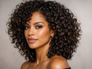 Curly hair routine results with healthy, defined natural curls in a 3/4 portrait salon-style photo