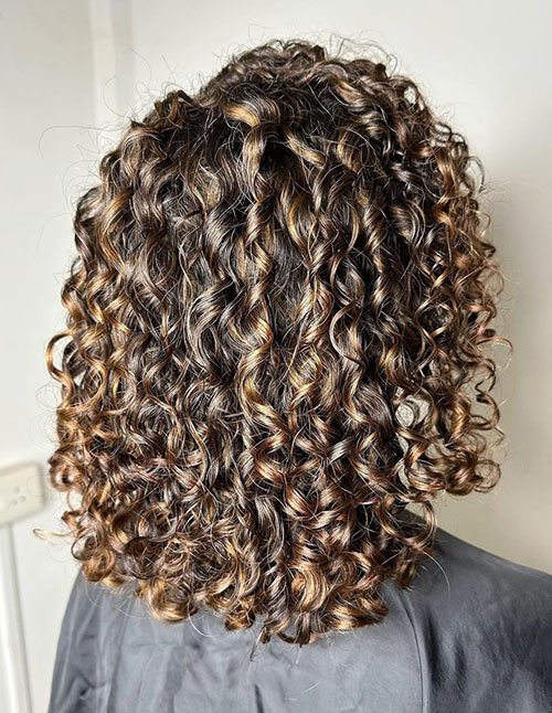 Long curly hair with defined ringlets, back view
