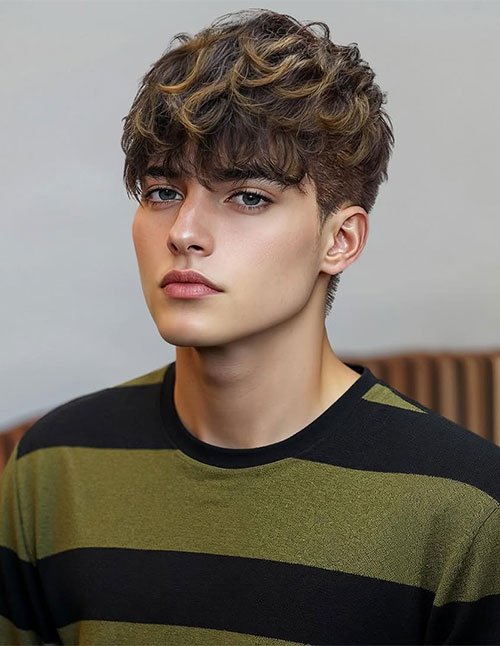 Curly messy fringe haircut with natural volume and textured layers