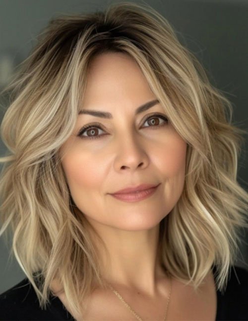 Layered shoulder-length shag haircut with soft volume
