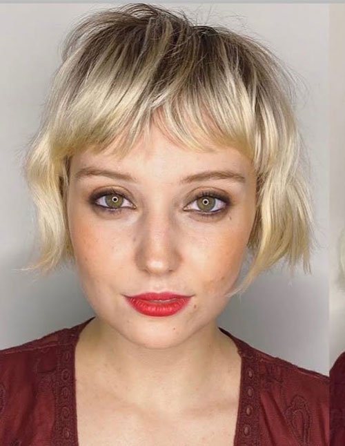 Super-textured French bob haircut with choppy layers and short fringe