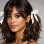 Hyper-realistic close-up of an adult woman with shoulder-length layered brunette hair, curtain bangs, and white satin ribbon pigtails.