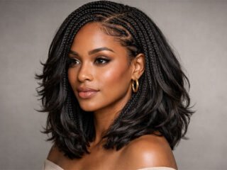 Protective braided hairstyle on natural hair with cornrow braids and soft layered volume, close-up portrait