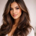 Hyper-realistic long layered haircut for women, 3/4 portrait with soft waves and shine