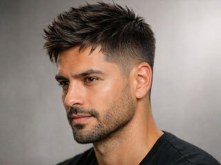 Hyper-realistic short textured men’s haircut with fade, 3/4 studio portrait