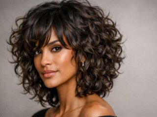 Voluminous layered curly bob with curtain bangs, salon-style 3/4 portrait