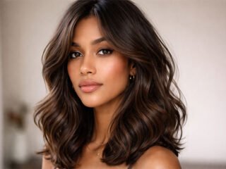 Medium-length wavy layered haircut with soft blowout volume