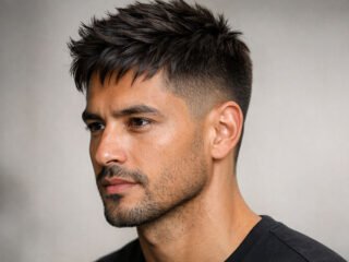 Men’s short textured crop with high fade, salon close-up portrait
