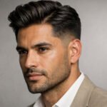 Old money taper fade haircut for men, 3/4 front close-up with textured side-part volume.