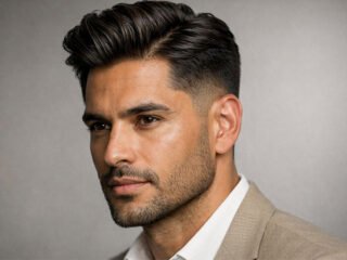 Old money taper fade haircut for men, 3/4 front close-up with textured side-part volume.