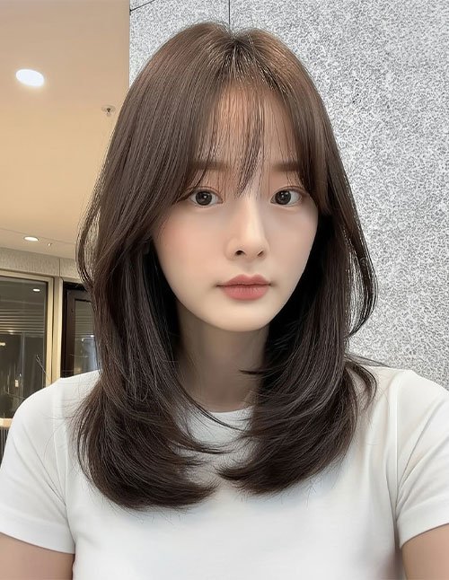 Woman with airy see-through bangs and shoulder-length layered hair.