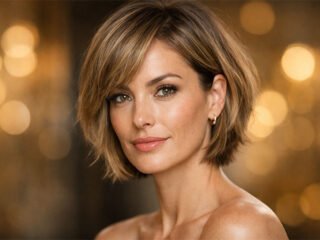 woman with layered bob haircut for thinning hair, warm golden bokeh background
