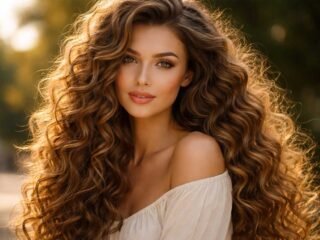 Woman with long, voluminous curly hair in a deep side part, styled in glossy defined curls with soft golden-hour lighting.