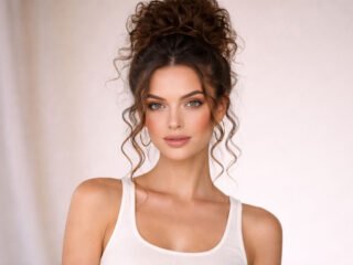 One girl with long natural curly hair styled in a high bun, loose curls framing the face, wearing a sleeveless light top against a soft neutral background.