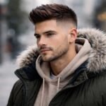 18 Best Winter Fade Haircuts for Men Man with a winter fade haircut featuring short tapered sides and textured volume on top, wearing a hooded winter jacket in an outdoor urban setting.