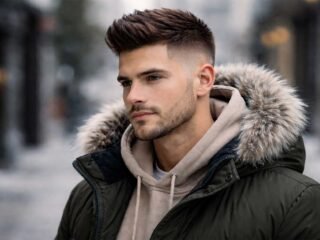 Man with a winter fade haircut featuring short tapered sides and textured volume on top, wearing a hooded winter jacket in an outdoor urban setting.