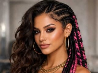 Woman wearing a bold half-braided hairstyle with sleek cornrows on one side and loose wavy hair on the other, featuring pink braided extensions for a striking contrast.