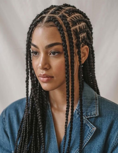Braided hairstyle for teens featuring clean feed-in cornrows that transition into long box braids, with two thicker face-framing braids.