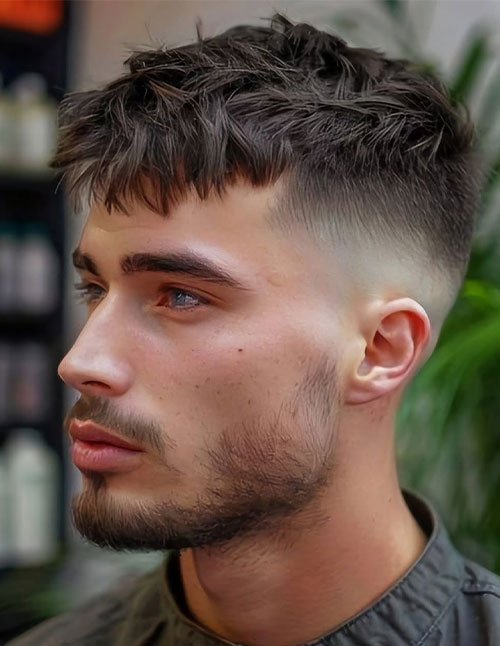 Man with a brushed forward fringe haircut, featuring textured short hair on top and faded sides.