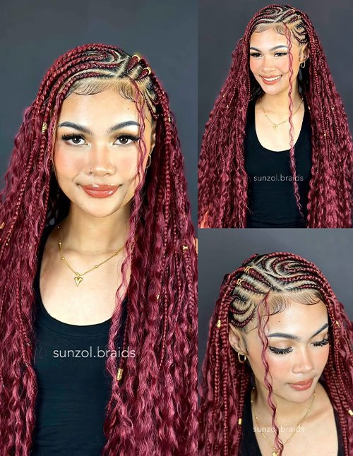 Burgundy Fulani braids with loose curls and swirl cornrow pattern, studio portrait.