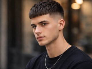 Realistic portrait of a young man with a classic Caesar haircut—short, blunt fringe across the forehead, textured top, and a clean high fade on the sides.