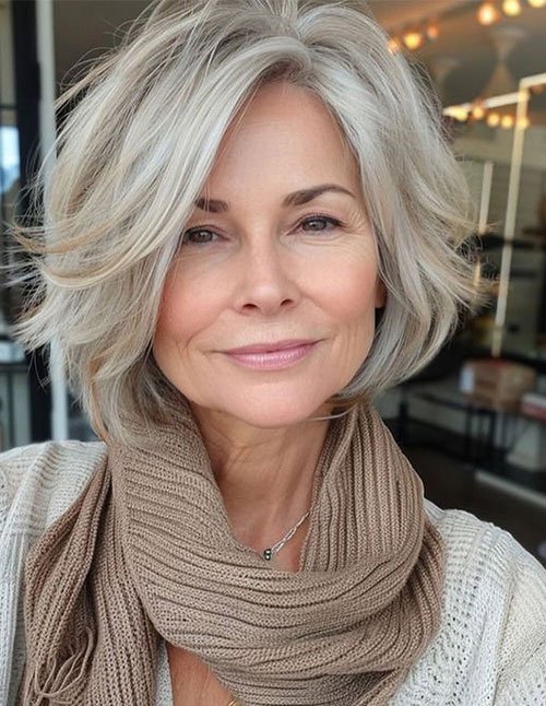 Chin-length layered bob with side-swept volume and silver-blonde tone