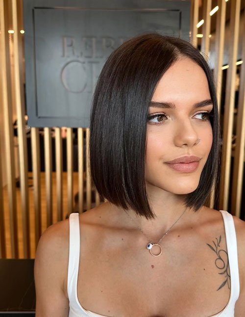 Classic dark bob cut with a smooth, straight finish and a blunt shape that sits around the jawline.