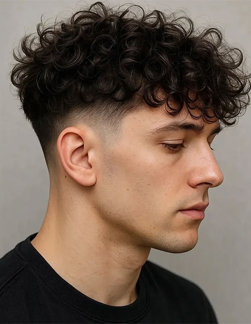 Man with curly crop fade hairstyle featuring tight curls on top and faded sides.