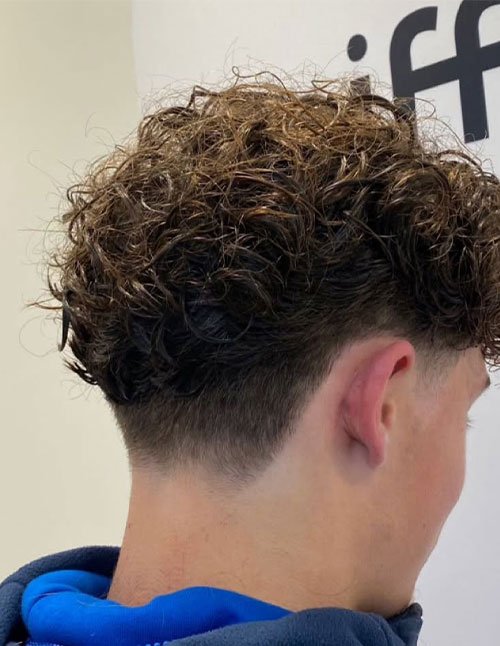 Curly taper cut with a full, textured curly top and a clean tapered neckline and sides.